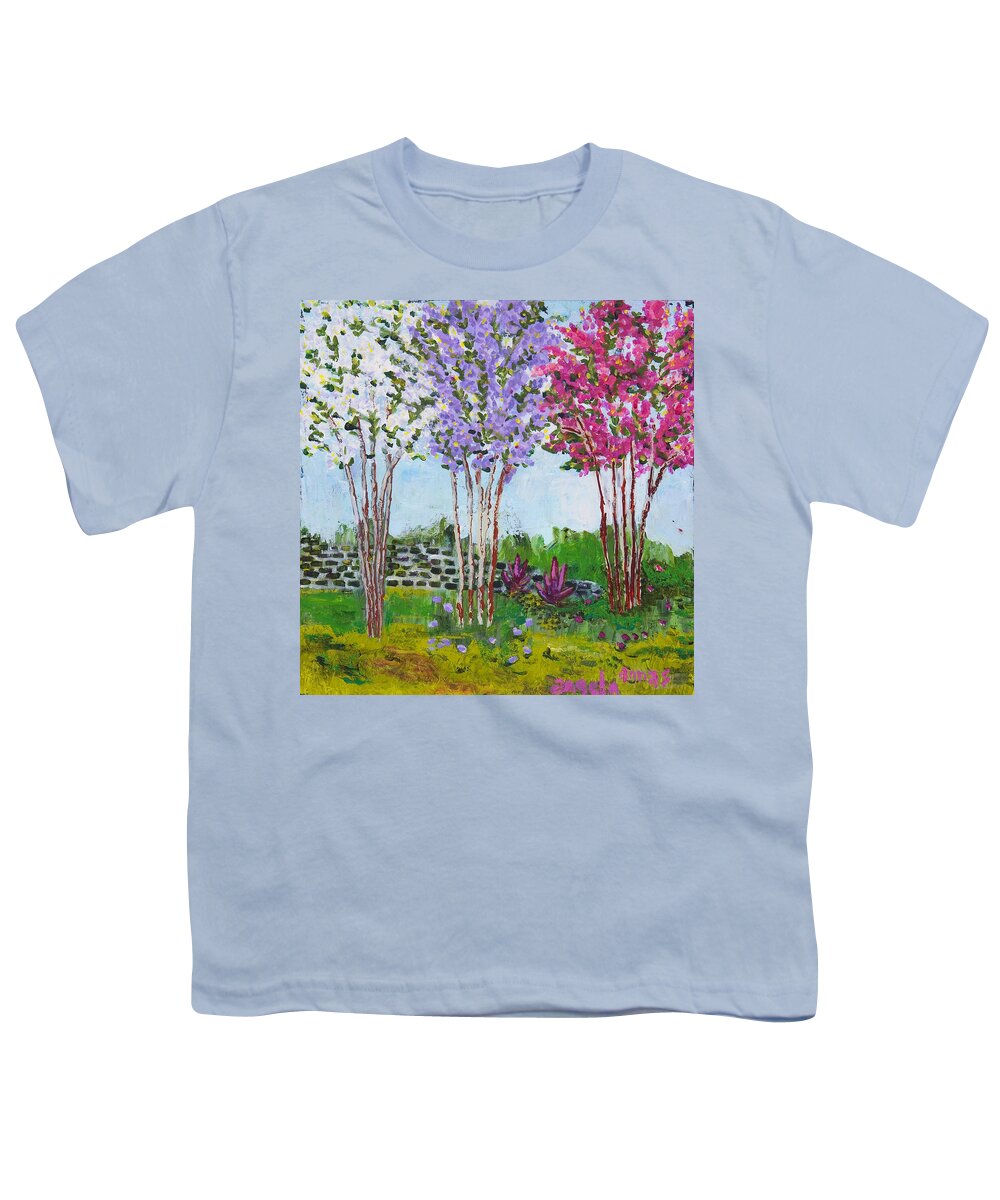 Crepe Myrtles Youth T-Shirt featuring the painting Crepe Myrtles by Angela Annas