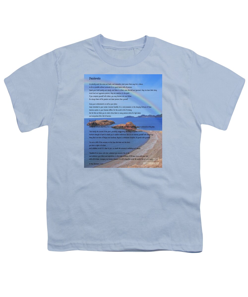 Desiderata Youth T-Shirt featuring the photograph Desiderata on Beach Scene with Rainbow by Barbara A Griffin