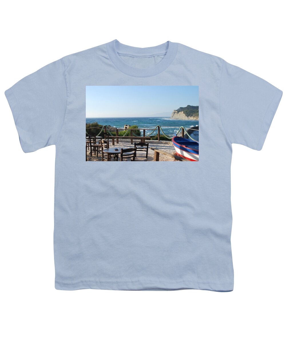 Seascape Youth T-Shirt featuring the photograph Fiki Cafe by George Katechis