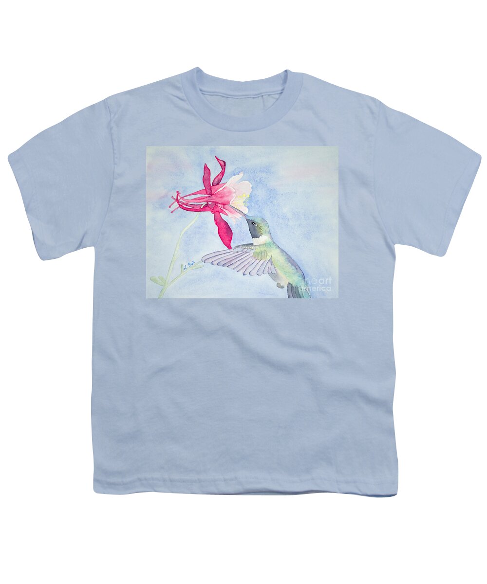 Ruby-throated Youth T-Shirt featuring the painting Hummingbird and Columbine by Laurel Best