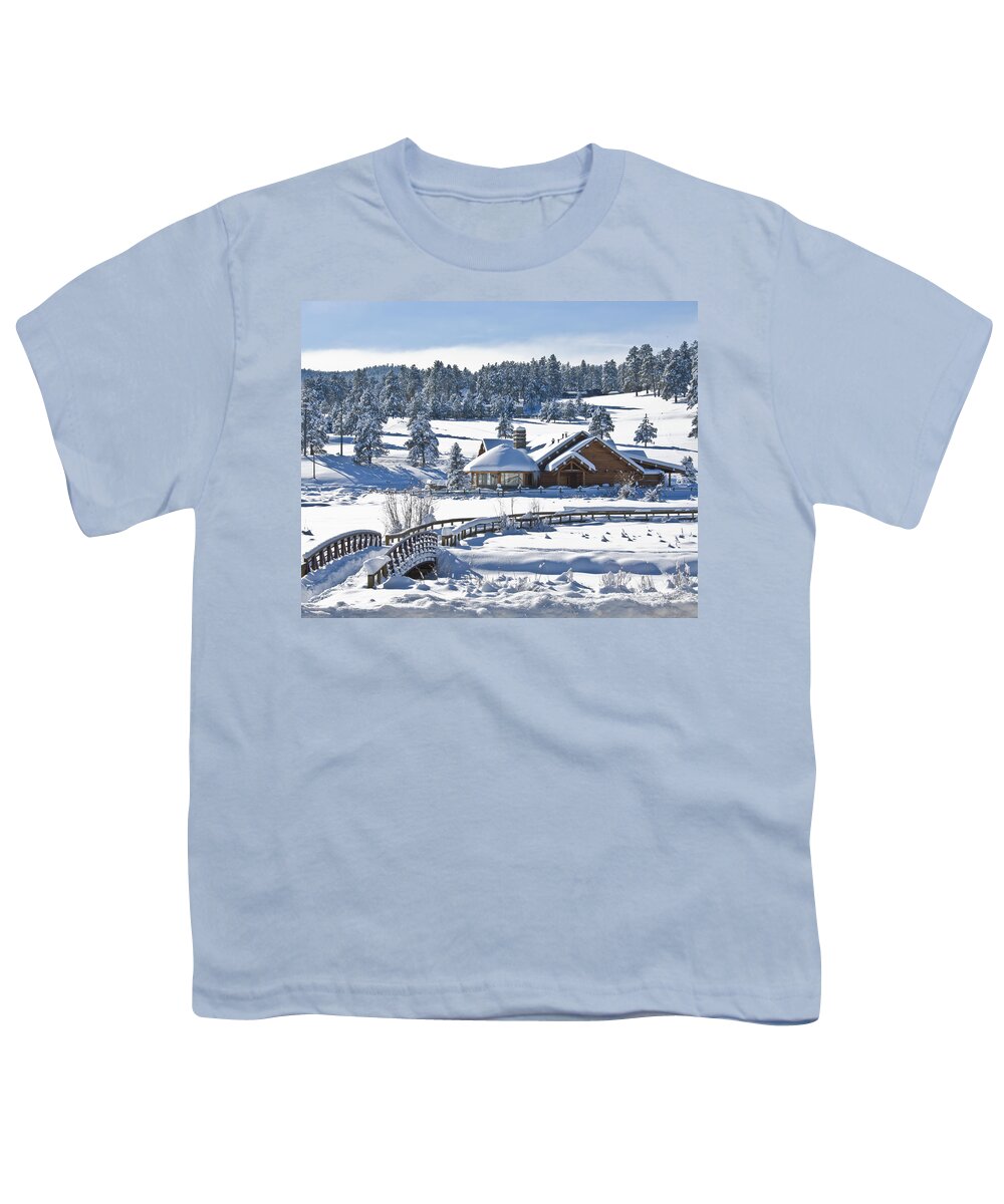 Evergreen Colorado Youth T-Shirt featuring the photograph Lake House in Snow by Ron White