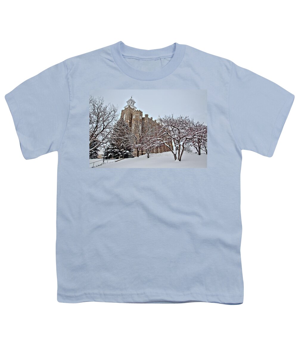 Logan Youth T-Shirt featuring the photograph Logan Temple Winter by David Andersen