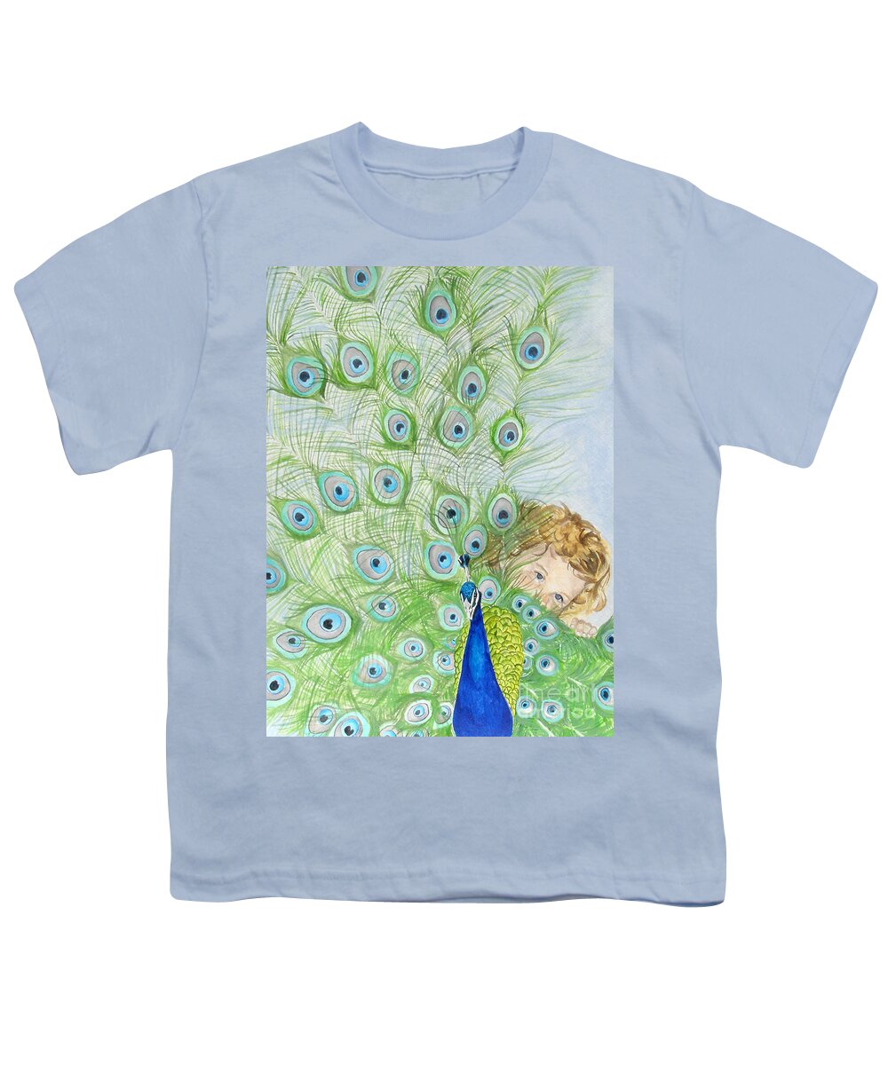 Peacock Youth T-Shirt featuring the painting Mika and Peacock by Tamir Barkan
