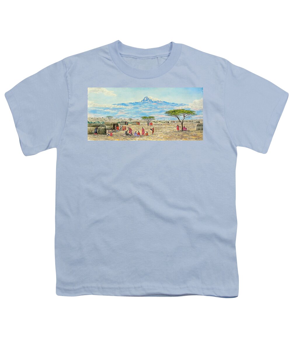 African Paintings Youth T-Shirt featuring the painting Mountain Village by Joseph Thiongo