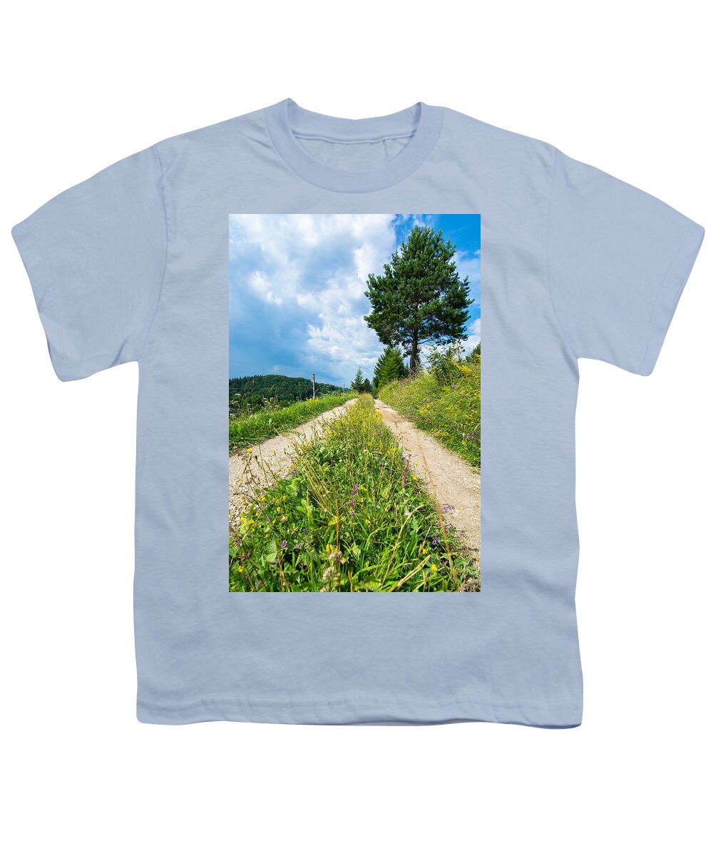 Road Youth T-Shirt featuring the photograph Overgrown Rural Path Up a Hill by Andreas Berthold