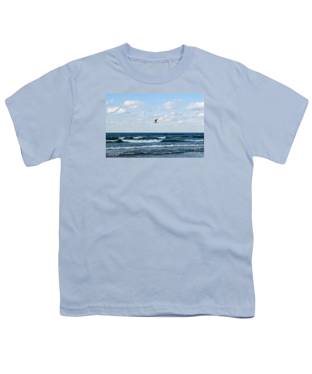 Seagull Youth T-Shirt featuring the photograph Seagull Flying Above Lake Michigan by Verana Stark