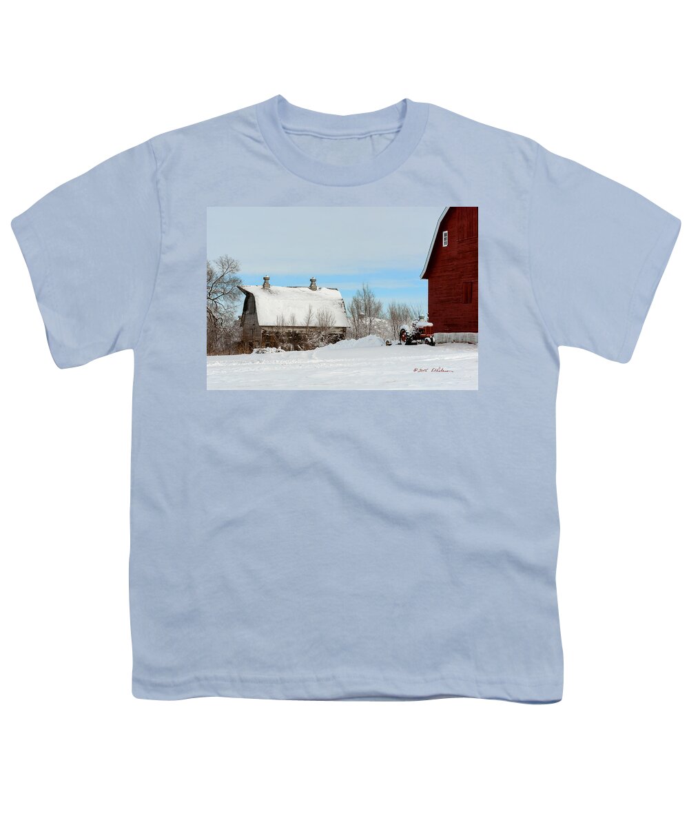 Winter Scene Youth T-Shirt featuring the photograph Snow Barns by Ed Peterson