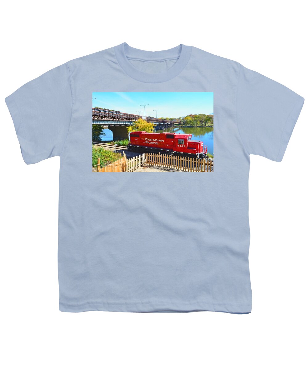 Solo Youth T-Shirt featuring the photograph Solo Red Canadian Pacific Engine along Rock River in Rockford by Jeff at JSJ Photography