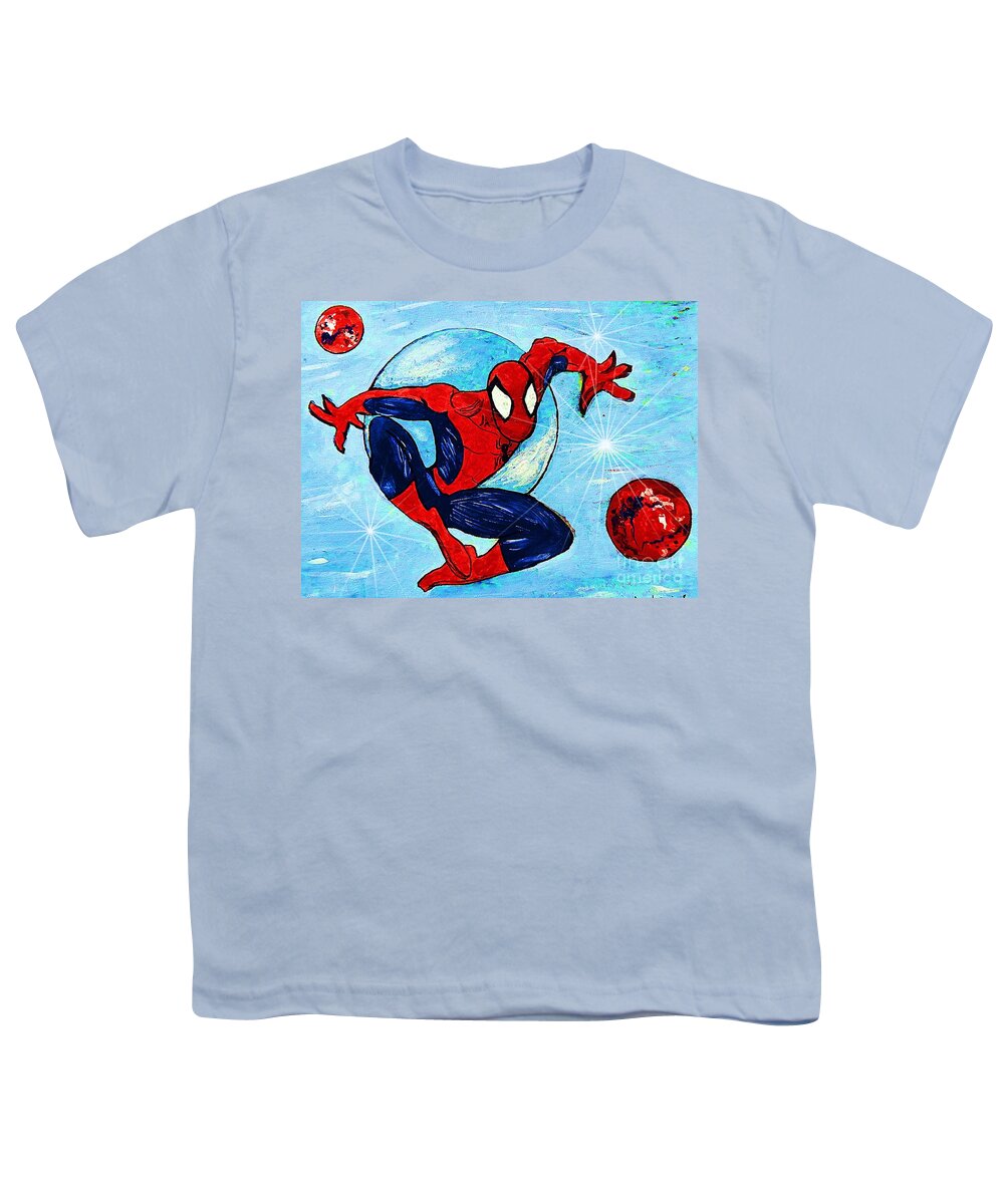 Spiderman Youth T-Shirt featuring the painting Spiderman Out of the Blue 2 by Saundra Myles
