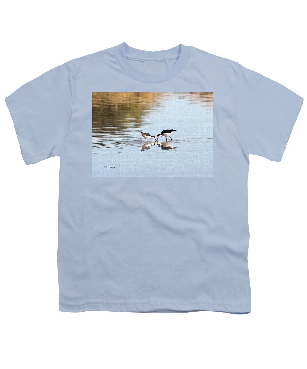 Two Stilts De Bugging The Pond Youth T-Shirt featuring the photograph Two Stilts De Bugging The Pond by Tom Janca