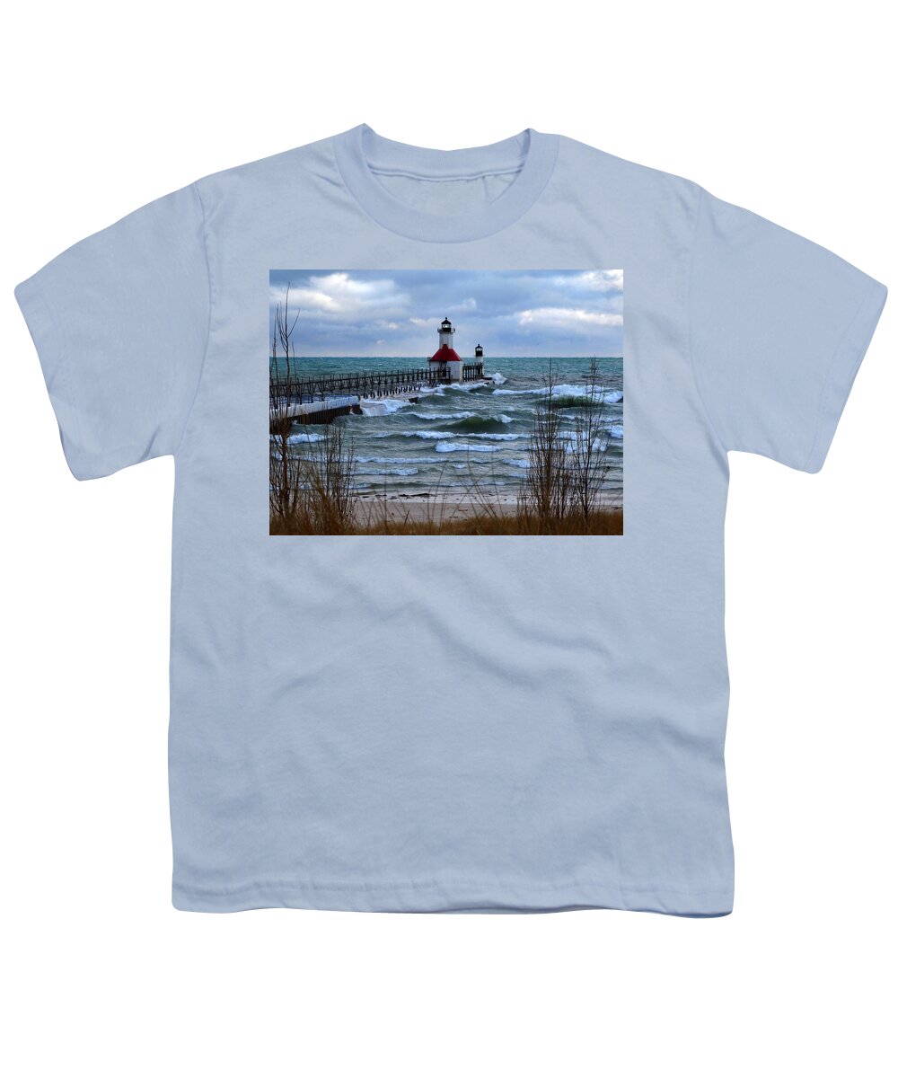 St Joseph Lighthouse Youth T-Shirt featuring the photograph Waves at St Joseph Pier Lights by David T Wilkinson