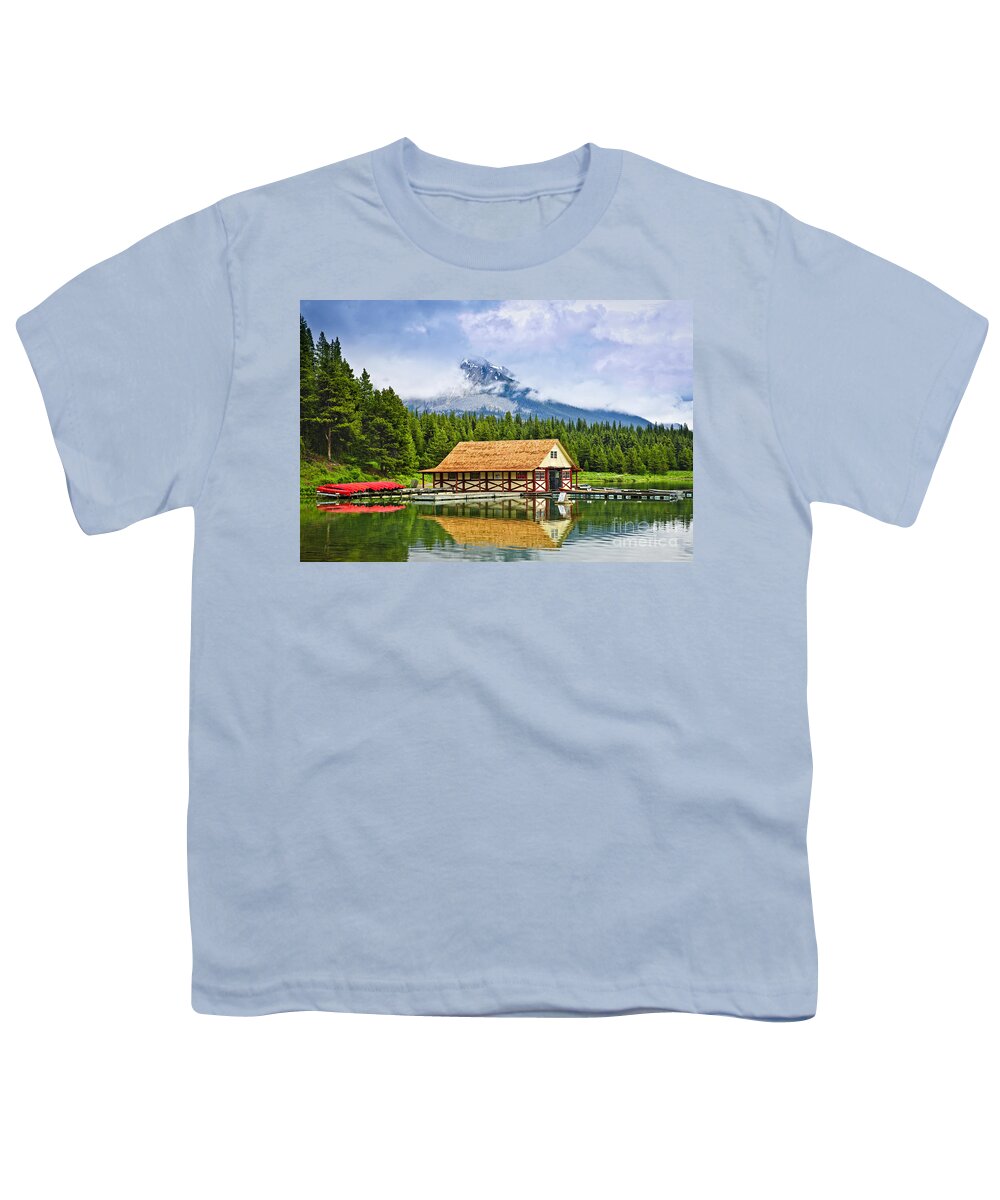 Boat House Youth T-Shirt featuring the photograph Boathouse on mountain lake by Elena Elisseeva