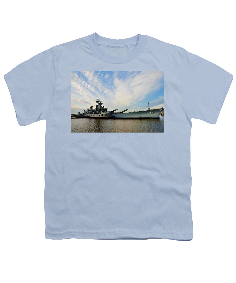 Battleship Youth T-Shirt featuring the photograph The Battleship New Jersey at the Port of Camden by Bill Cannon