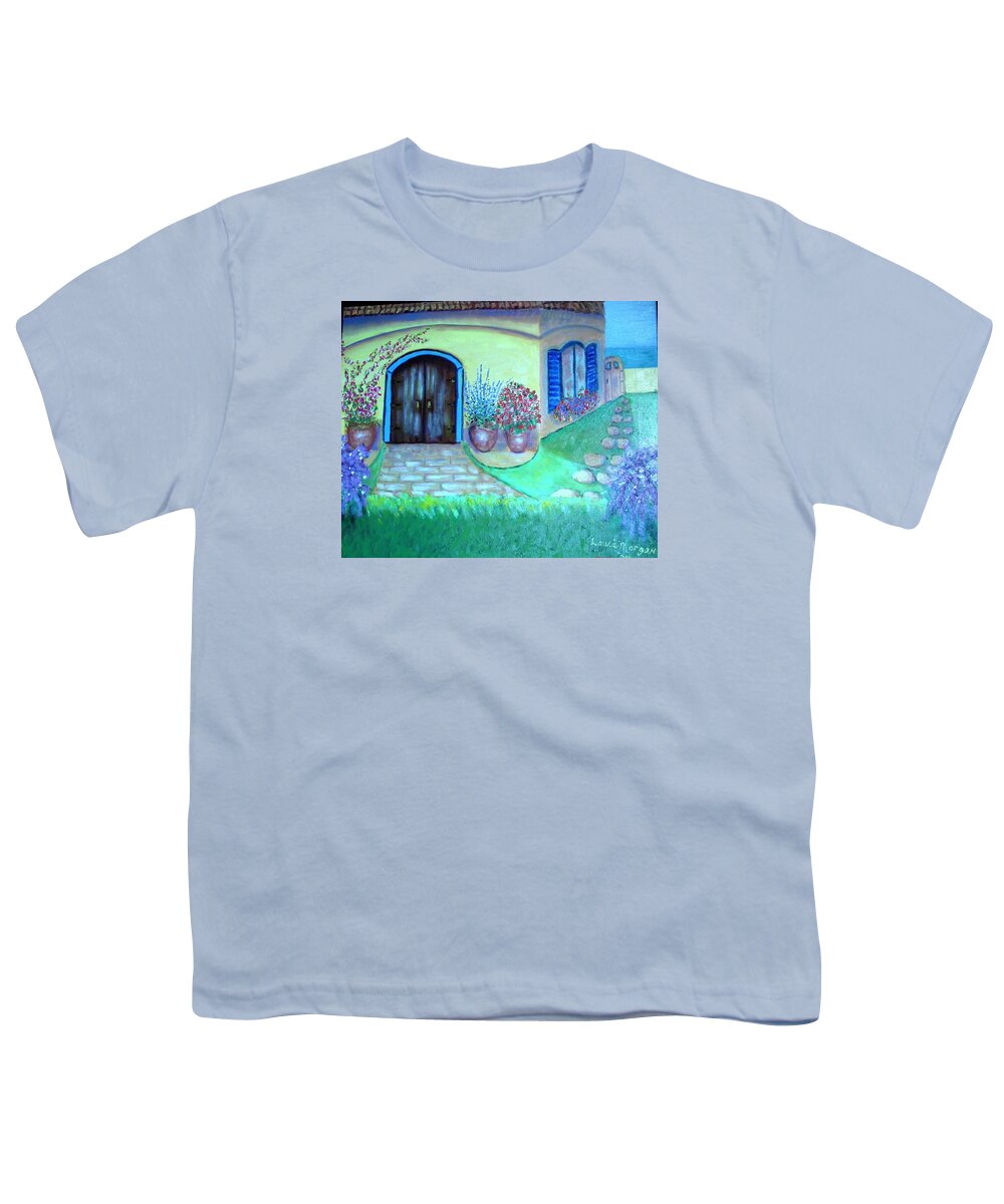 House Youth T-Shirt featuring the painting Yellow House with Blue Shutters by Laurie Morgan