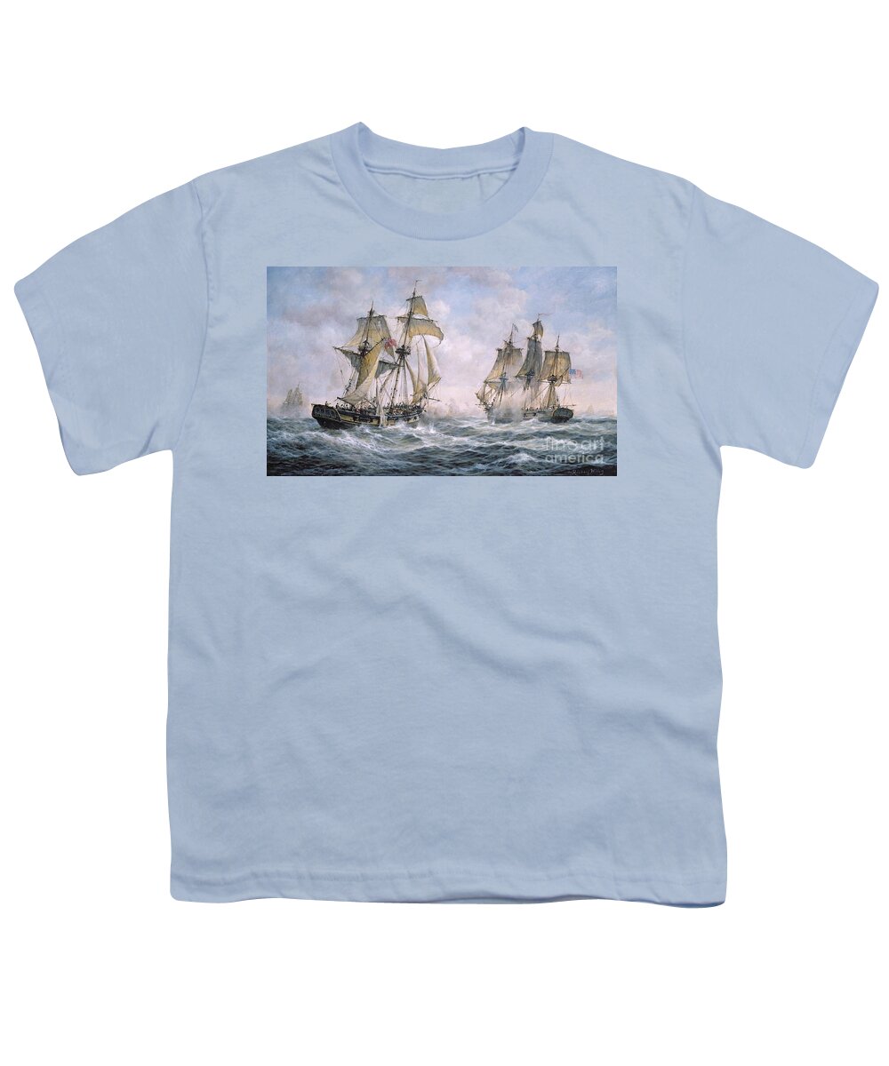 Seascape; Ships; Sail; Sailing; Ship; War; Battle; Battling; United States; Wasp; Brig Of War; Frolic; Sea; Water; Cloud; Clouds; Flag; Flags; Sloop; Action; Wave; Waves Youth T-Shirt featuring the painting Action Between U.S. Sloop-of-War 'Wasp' and H.M. Brig-of-War 'Frolic' by Richard Willis