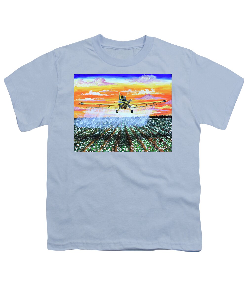 Air Tractor Youth T-Shirt featuring the painting Air Tractor at Sunset Over Cotton by Karl Wagner