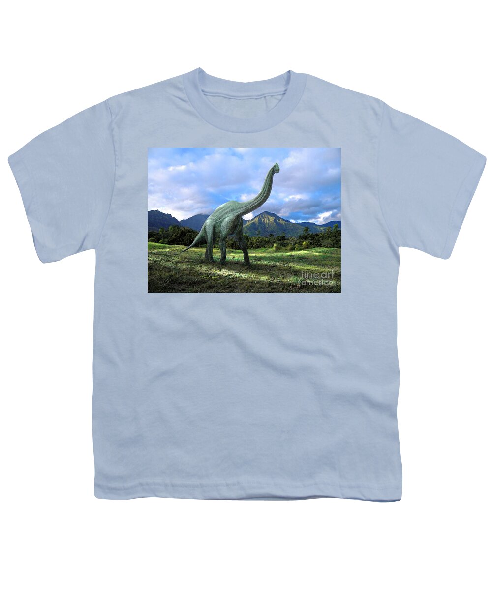 Dinosaur Youth T-Shirt featuring the mixed media Brachiosaurus In Meadow by Frank Wilson