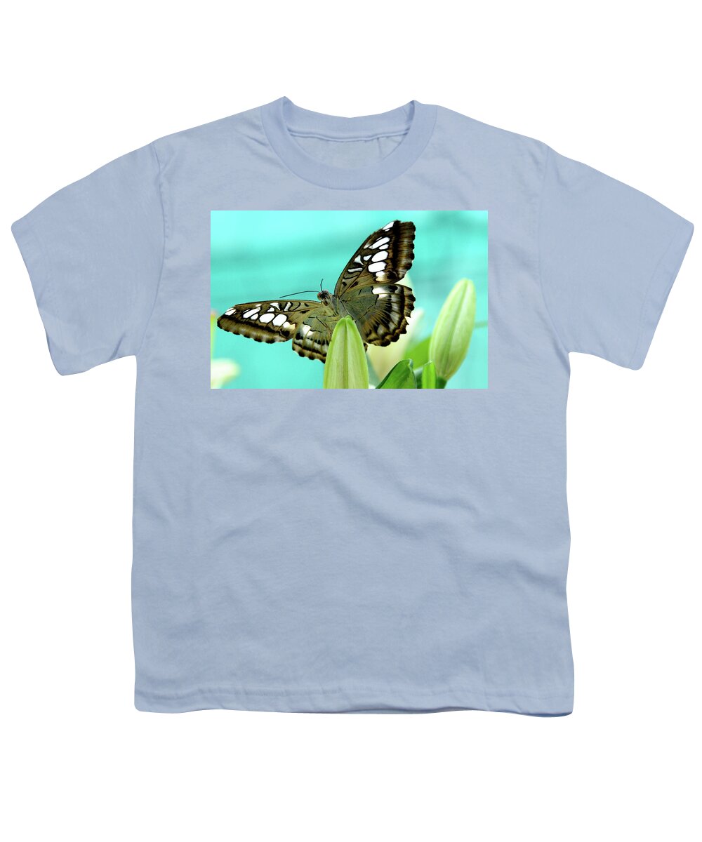 Jenny Rainbow Fine Art Photography Youth T-Shirt featuring the photograph Brown Clipper Butterfly on Lily by Jenny Rainbow