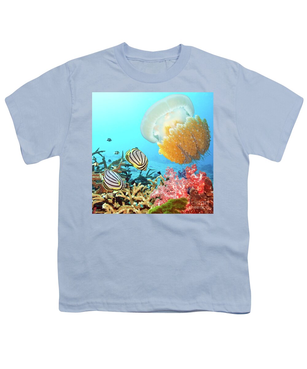 Butterflyfish Youth T-Shirt featuring the photograph Butterflyfishes and jellyfish by MotHaiBaPhoto Prints