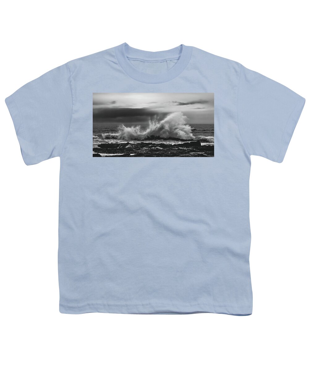 15 July 2013 Youth T-Shirt featuring the photograph BW Waves Crashing on Tsitsikamma South Africa with Clouds by Jeff at JSJ Photography