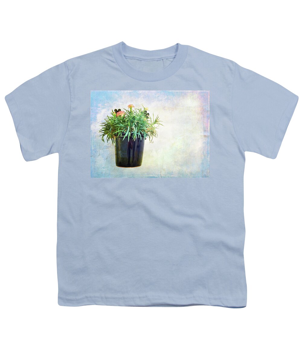 Carnation Youth T-Shirt featuring the photograph Carnations in a pot on artistic background by GoodMood Art