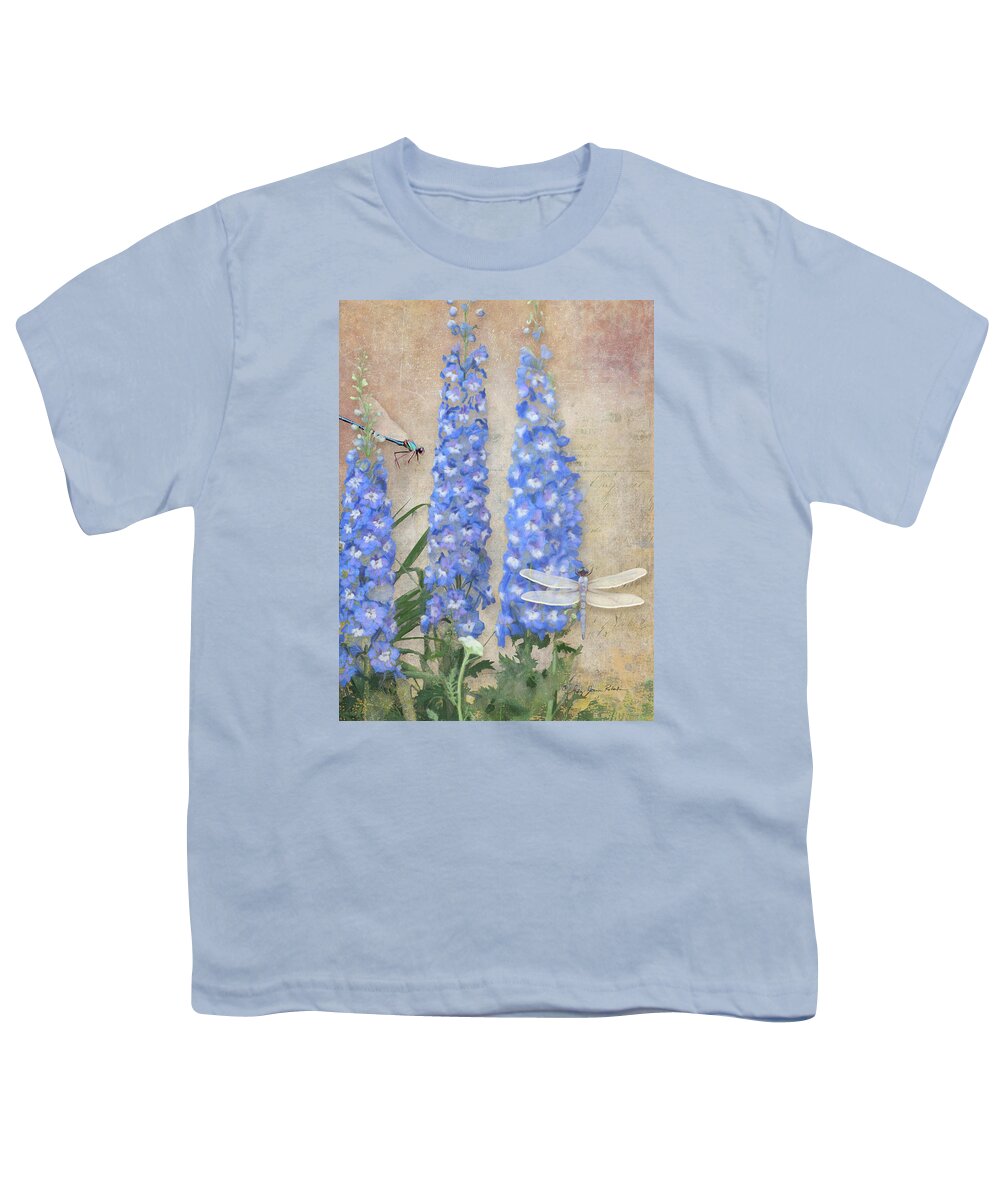 Damselfly Youth T-Shirt featuring the painting Dancing in the Wind - Damselfly n Dragonfly w Delphinium by Audrey Jeanne Roberts