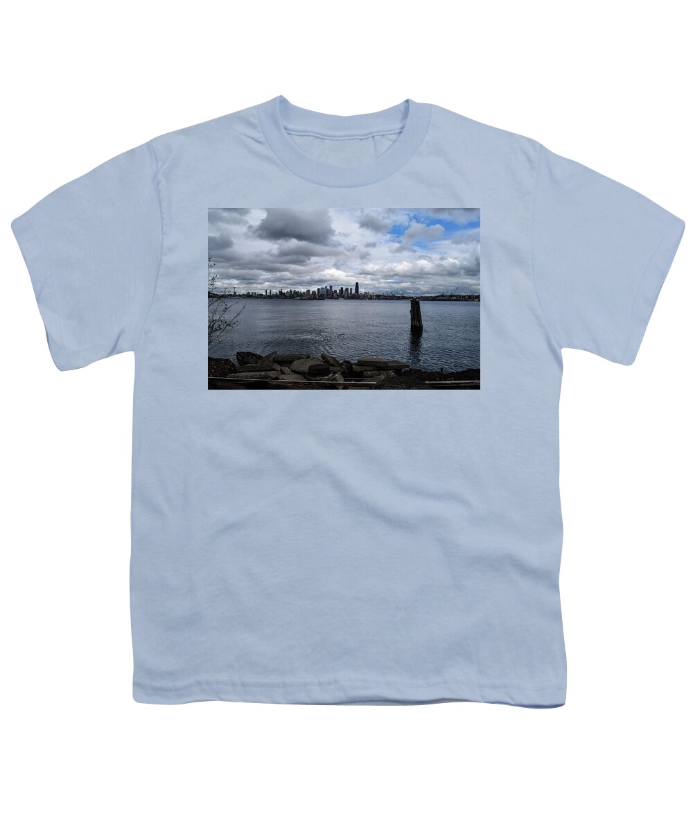 Elliott Bay Under Cloudy Skies Youth T-Shirt featuring the photograph Elliott Bay Under Cloudy Skies by Tom Cochran