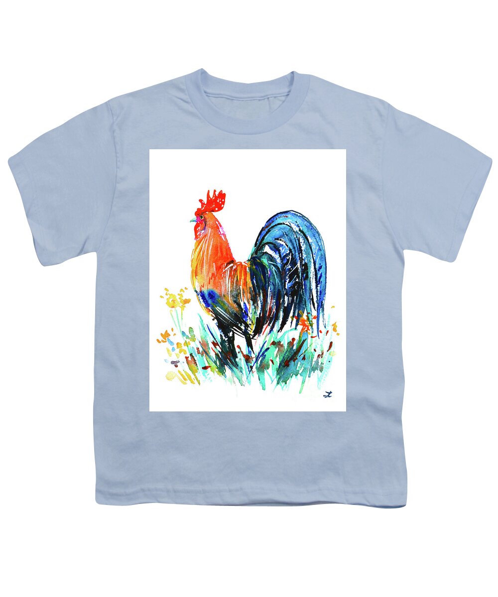 Rooster Youth T-Shirt featuring the painting Farm Rooster by Zaira Dzhaubaeva