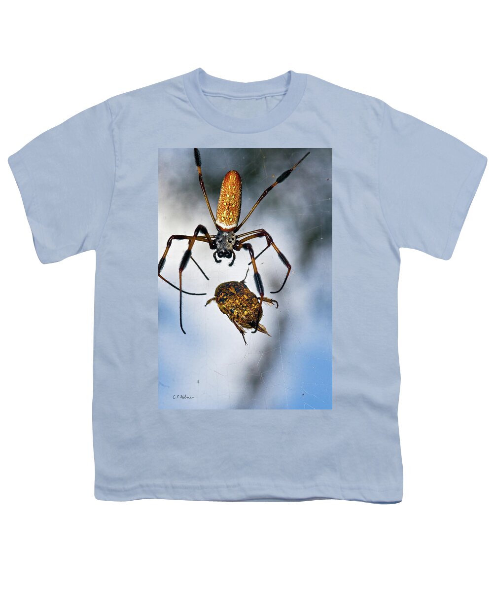 Golden Silk Orb-weaver Youth T-Shirt featuring the photograph Flew In For Dinner by Christopher Holmes