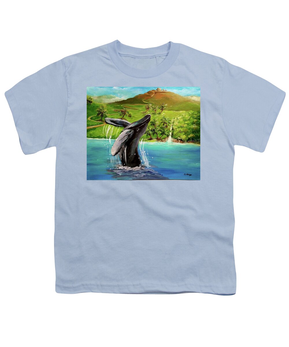 Humpback Whale Youth T-Shirt featuring the painting Humpback Whale Breaching at Haleakala Hawaii by Bernadette Krupa
