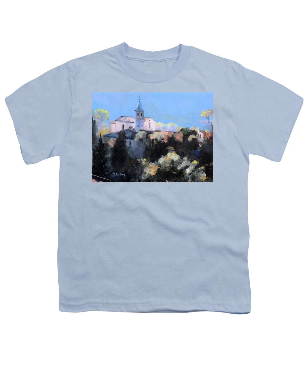 Italian Church Youth T-Shirt featuring the painting Italian Church on a Hillside by Donna Tuten