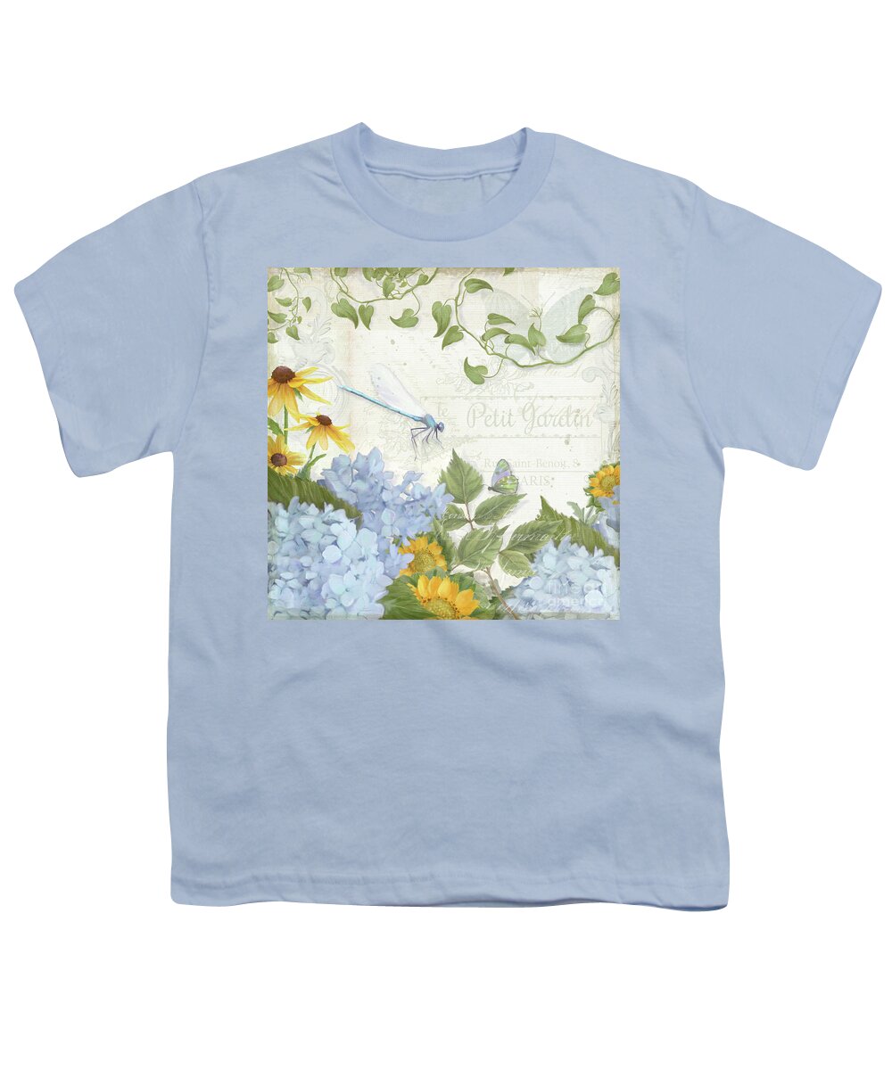 Le Petit Jardin Youth T-Shirt featuring the painting Le Petit Jardin 2 - Garden Floral w Dragonfly, Butterfly, Daisies and Blue Hydrangeas by Audrey Jeanne Roberts