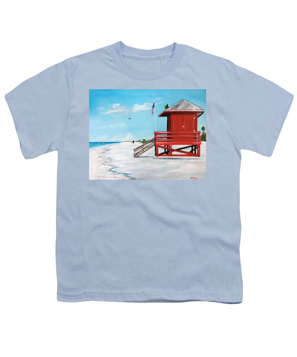 Lifeguard Shack Youth T-Shirt featuring the painting Let's Meet At The Red Lifeguard Shack by Lloyd Dobson