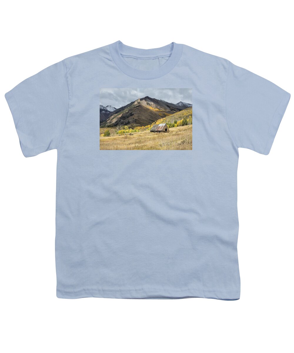 Autumn Youth T-Shirt featuring the photograph Log Barn In the Mountains by Denise Bush