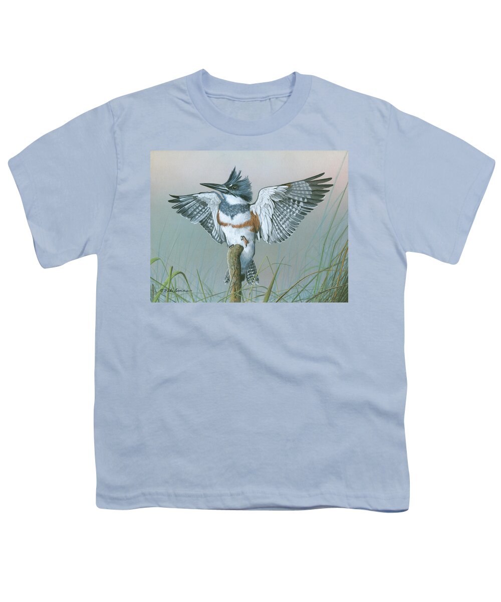 King Fisher Youth T-Shirt featuring the painting Male Belted Kingfisher by Mike Brown