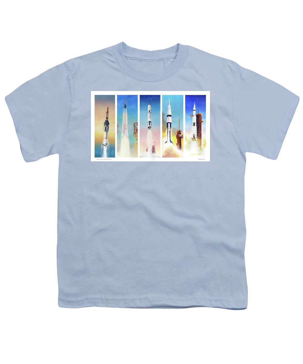 Nasa Youth T-Shirt featuring the painting Manned NASA Booster Rockets of the 1960's by Douglas Castleman