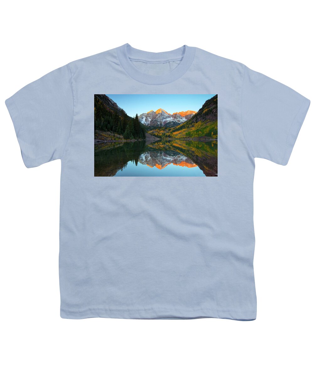 Maroon Bells Youth T-Shirt featuring the photograph Maroon Bells Reflection by Nancy Dunivin