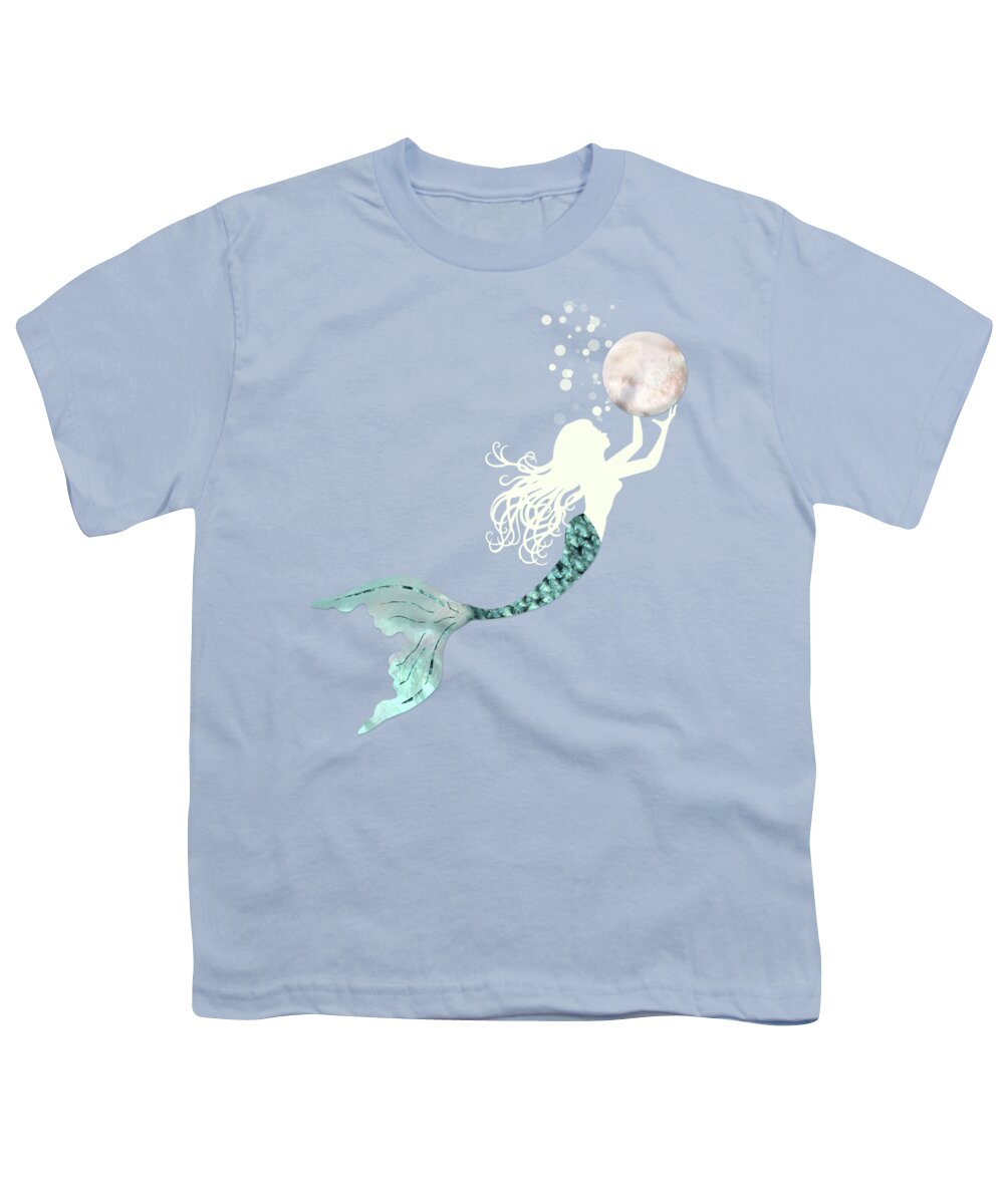Mermaid Youth T-Shirt featuring the painting Mermaid gathering pearls creamy white siren holds a huge pearl by Tina Lavoie