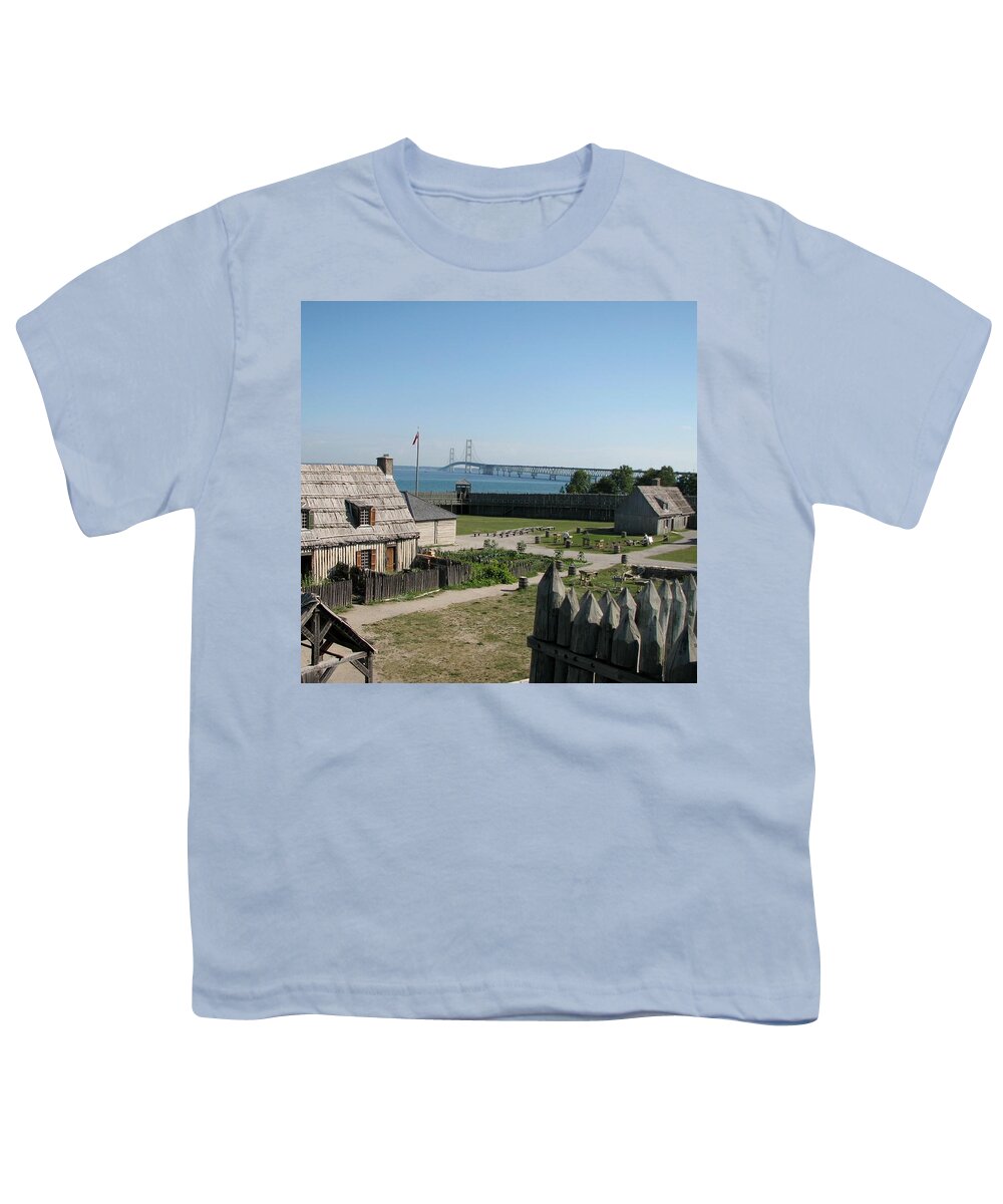 Colonial Michilmackinac Youth T-Shirt featuring the photograph Michilimackinac and Mackinac Bridge by Keith Stokes