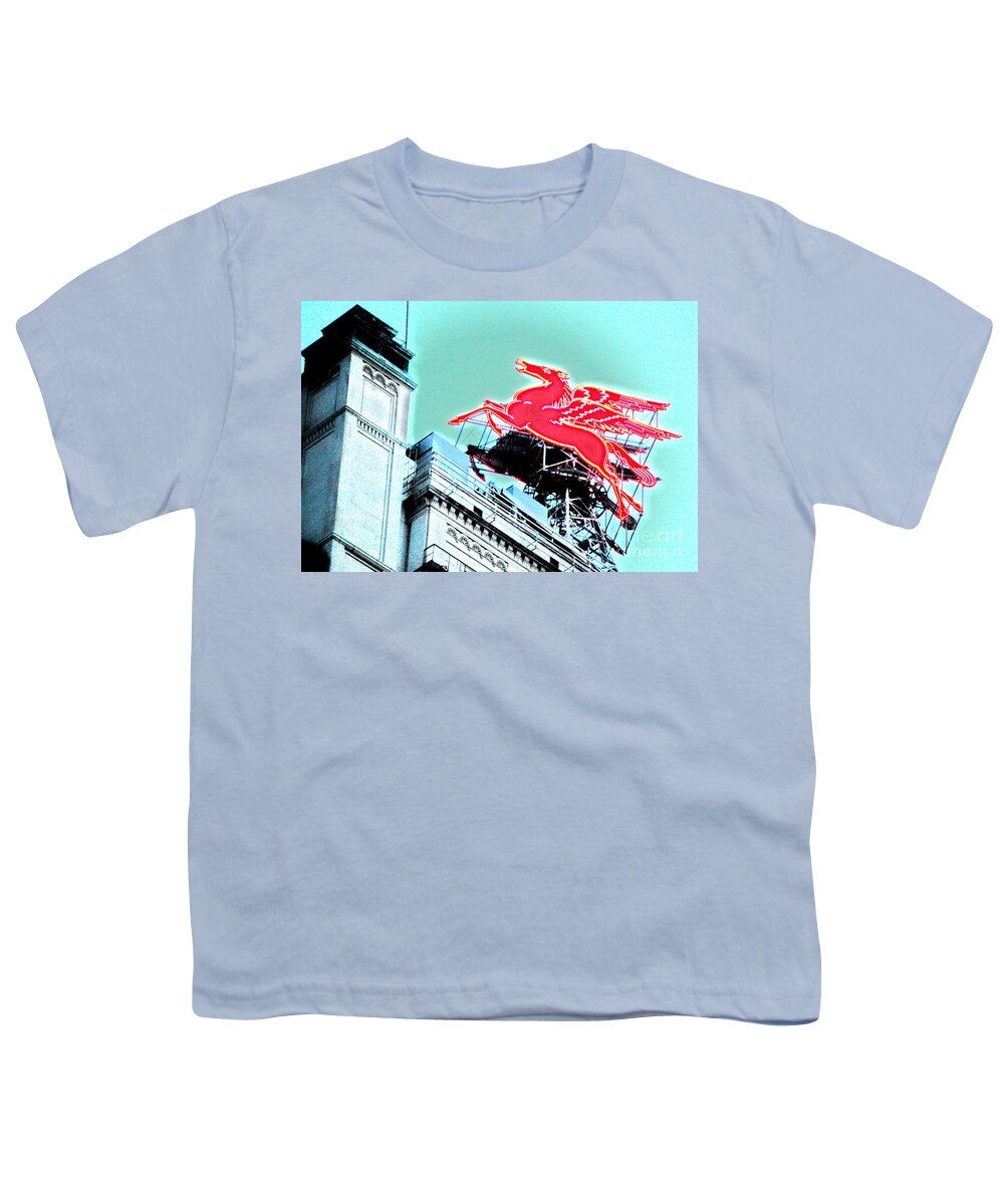 Mobil Youth T-Shirt featuring the photograph Neon Pegasus atop Magnolia Building in Dallas Texas by Shawn O'Brien