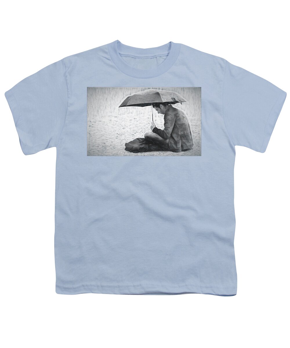 Man Youth T-Shirt featuring the photograph Reading in the Rain - Umbrella by Nikolyn McDonald