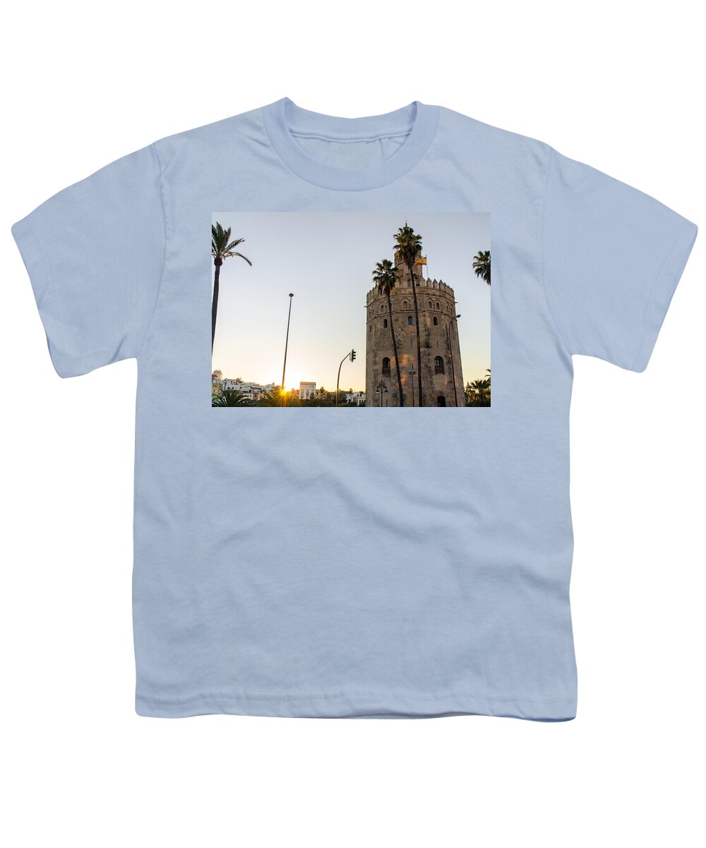 Seville Youth T-Shirt featuring the photograph Seville - Torre del oro at sunset by AM FineArtPrints