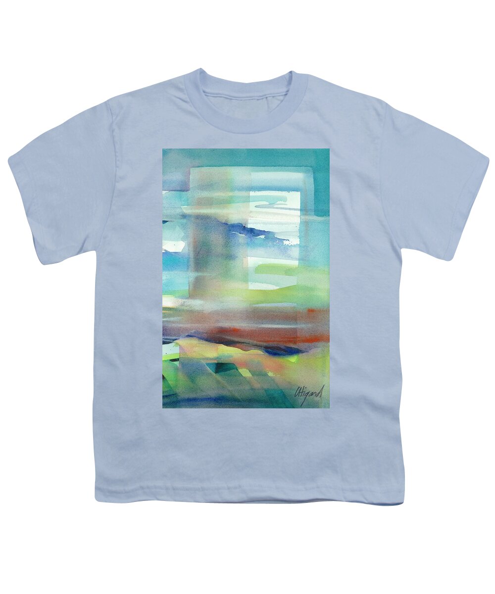 Utigard Watercolor Abstract Art Painting Modern Design Modular Strength Heal Empower Women Growth Spirit Form Color Line Texture Pattern Sky Window Green Blue Mountain Landscape Vision Rolling Hill Happy Peace Calm Vista Portrait Youth T-Shirt featuring the painting Sky Window 1 by Carolyn Utigard Thomas