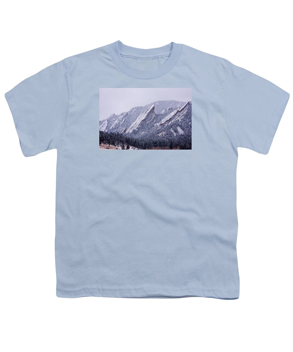 Snow Youth T-Shirt featuring the photograph Snow Dusted Flatirons Boulder Colorado by James BO Insogna
