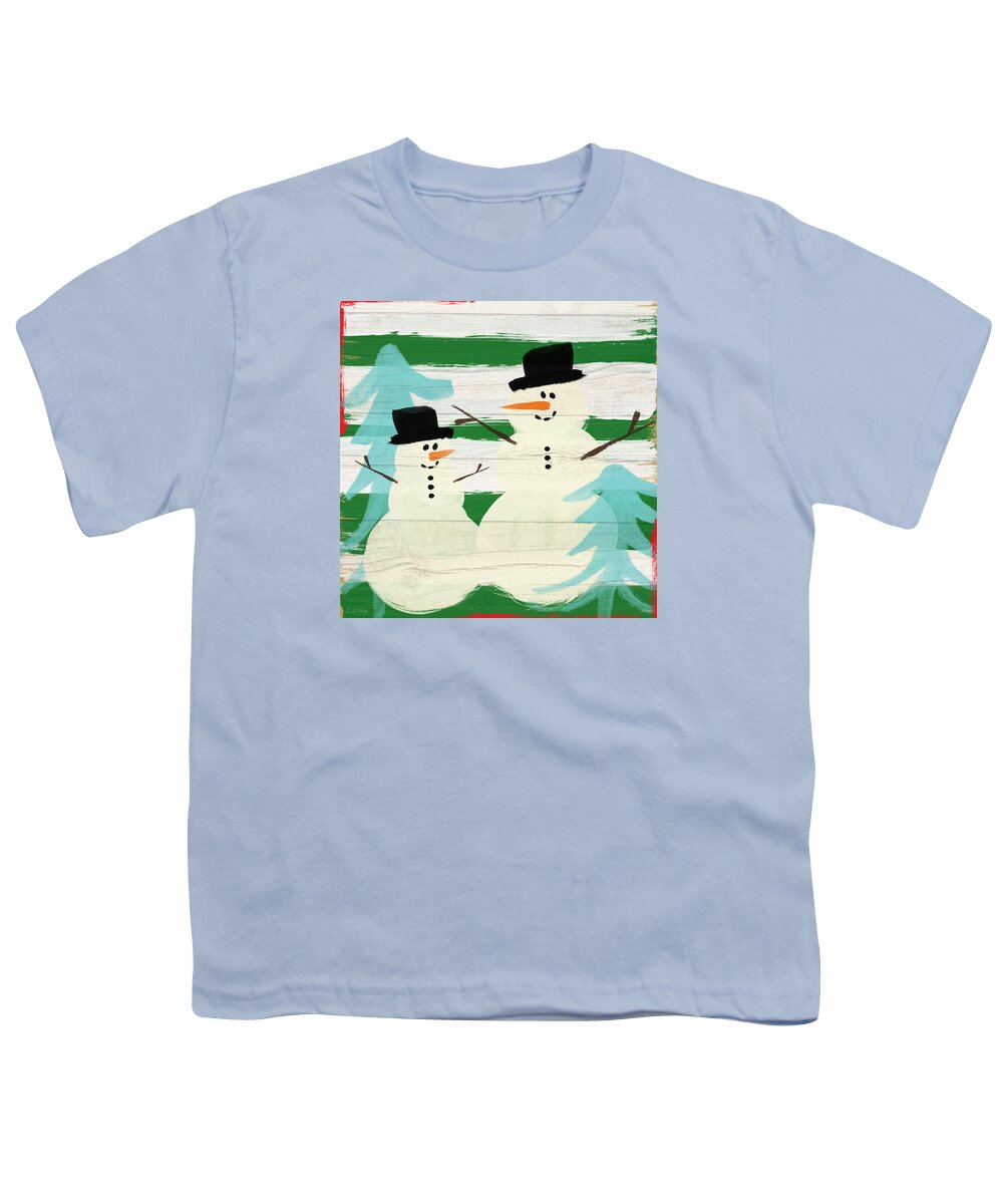 Snowman Youth T-Shirt featuring the painting Snowmen With Blue Trees- Art by Linda Woods by Linda Woods