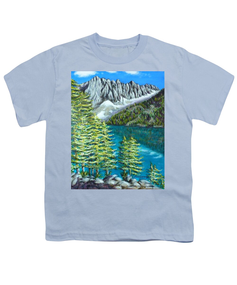 Temple Crag In Big Pines Lake Youth T-Shirt featuring the painting Temple Crag by Amelie Simmons