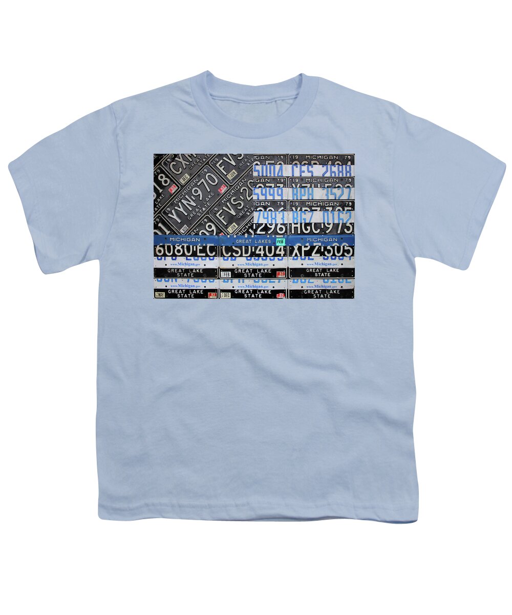 Thin Blue Line Youth T-Shirt featuring the mixed media Thin Blue Line Michigan License Plate American Flag Art by Design Turnpike