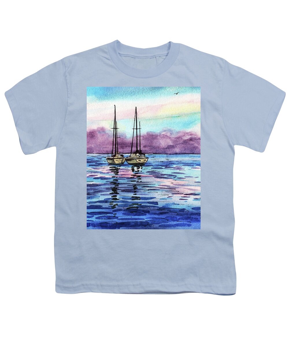 Two Boats Youth T-Shirt featuring the painting Two Sailboats At The Shore Watercolor by Irina Sztukowski