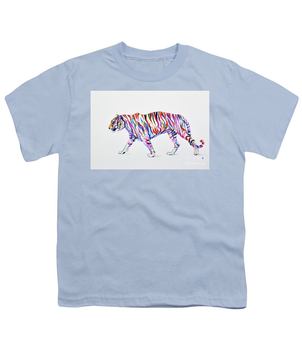 Tiger Youth T-Shirt featuring the painting Walking Tiger by Zaira Dzhaubaeva