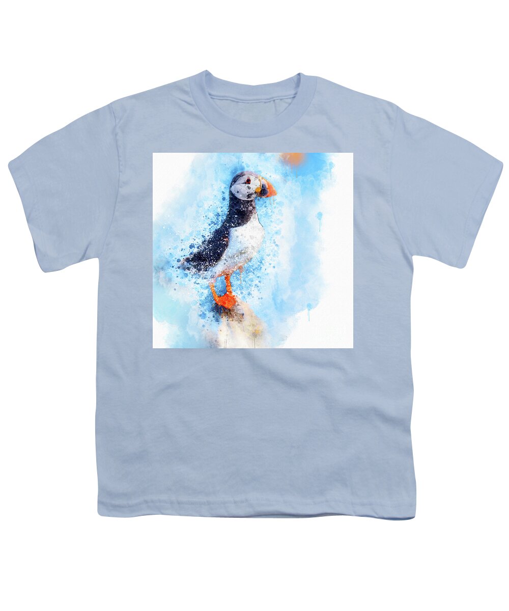 Puffin Youth T-Shirt featuring the mixed media Water Colour Puffin by Jim Hatch
